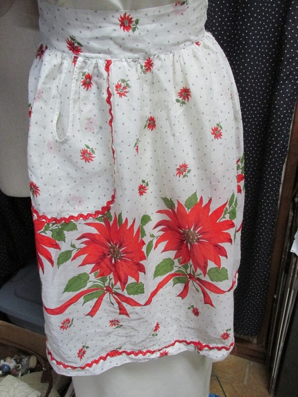 "POINTSETTIA - SEMI SHEER HALF APRON"" - VINTAGE, HAND MADE