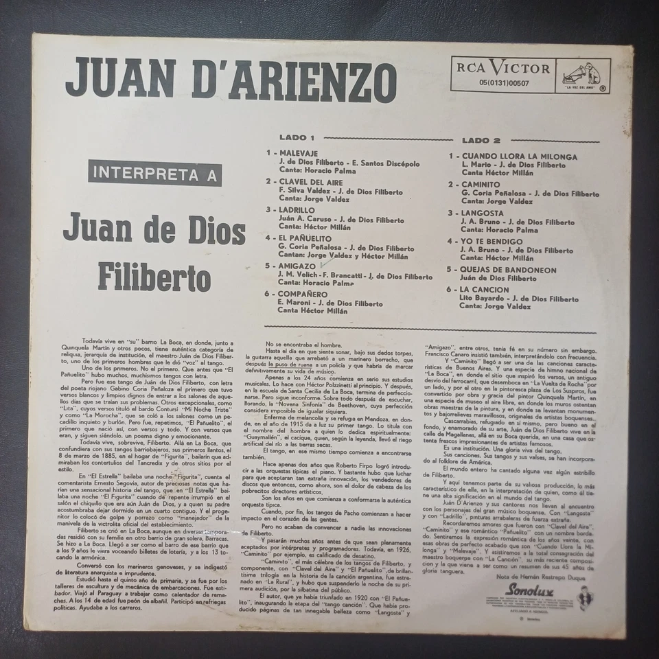 Juan D'Arienzo* ‎– Juan D'Arienzo Interpreta A Juan de Dios Filiberto, 1970s  Foto 2 de 4