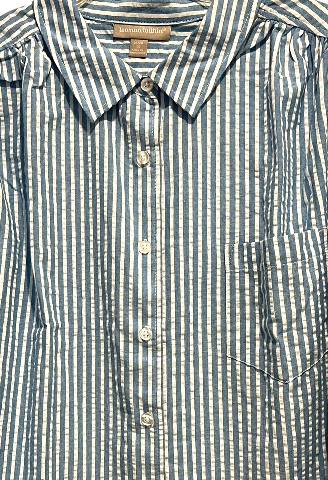 Женщина в пределах размера 2 X синий в полоску Seersucker рубашка на пуговицах рулон вкладка рукав - Изображение 3 из 4