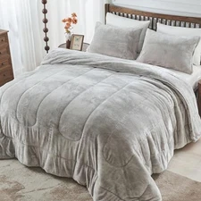 Faux Fur Queen Comforter Set, Super Soft Double-Sided Fuzzy Bedding Comforter 