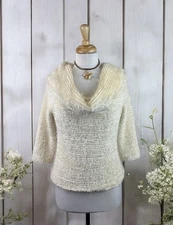 Cream Eyelash Knit Fuzzy Sweater Top Vintage 90s Minimalist Cowl Neck Size Large
