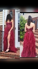 Burgundy Tulle Strapless Sweetheart prom dress with Side Slit, Ruffle, Lace Up