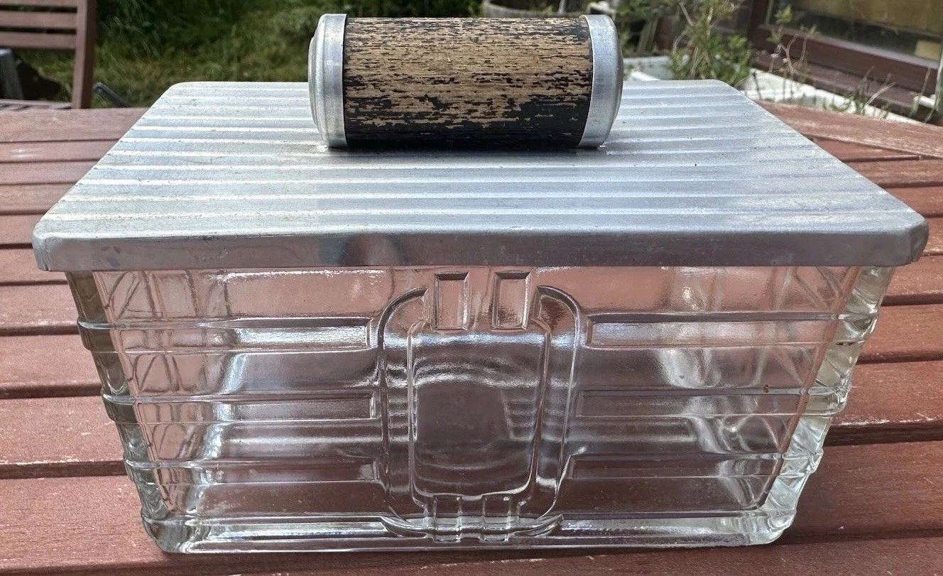 French Art Deco Glass Butter Dish With Metal Lid And Wooden Handle