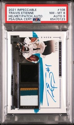 2021 Panini Impeccable - Helmet/Nameplate Auto Travis Etienne /75 (AU, RC) PSA 8