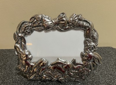 Vtg 1995 Arthur Court Bunny Rabbit Picture Frame Roses Aluminum 4  X 6  Glass