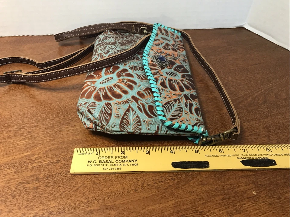 Myra Wristlette Crossbody Hand Tooled Leather Bag Brown And Turquoise - Image 4 of 4