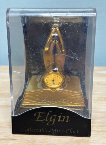 Vintage Elgin betende Zeiger Mini Uhr. Neu und versiegelt Silber/Zinn