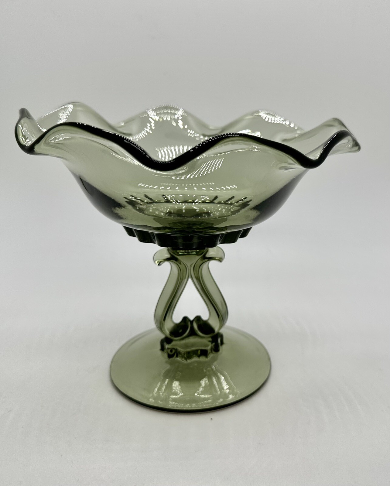 Vintage Gray Smokey Glass Viking Princess Ruffled Pedestal Bowl 6 Inch