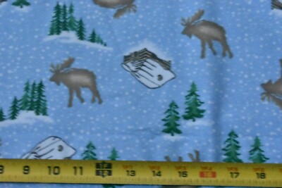 By 1/2 Yd, Moose Cabins & Snow on Light-Blue Flannel, V251