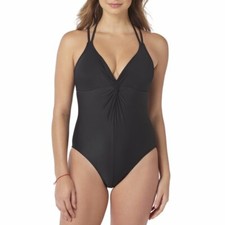 Time and Tru One-Piece Swimsuit Women's Size L Black Deep V Twist --B2--