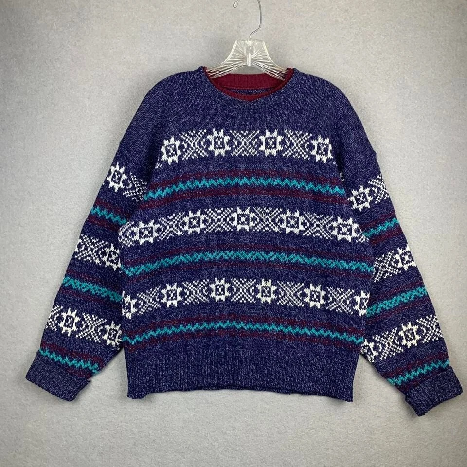 Vintage Wool Blend Knit Sweater Cottage Fair Isle Grandpa Snowflake Men's Large