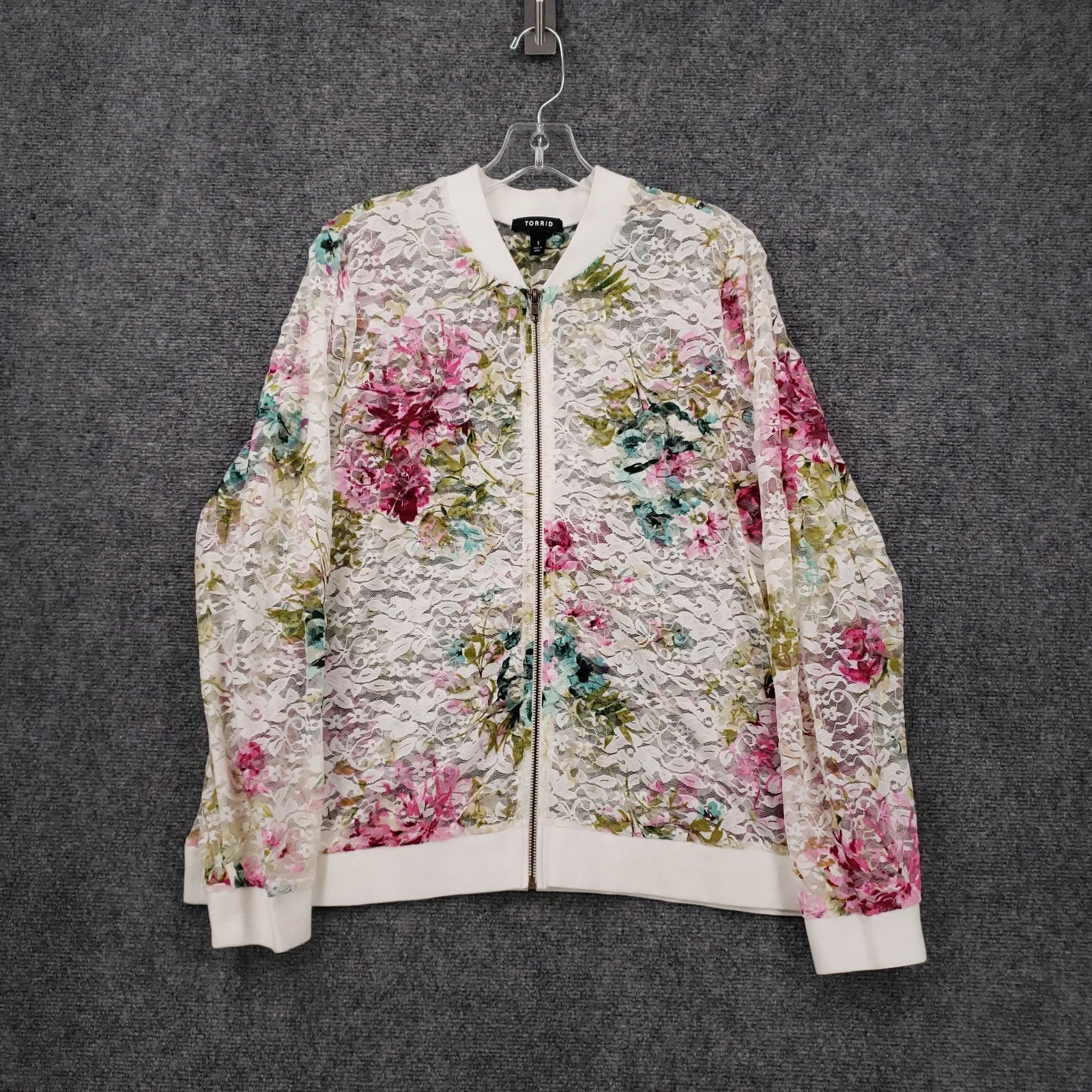 Torrid Jacket Womens 1 US 1X Plus White Full Zip Sheer lace Floral Stretch