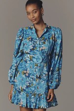 New Farm Rio x Anthropologie Long-Sleeve Mini Swing Dress Blue L NWT