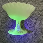 Vintage Fenton Custard Uranium Glass Ruffled Compote Hand Painted Signed