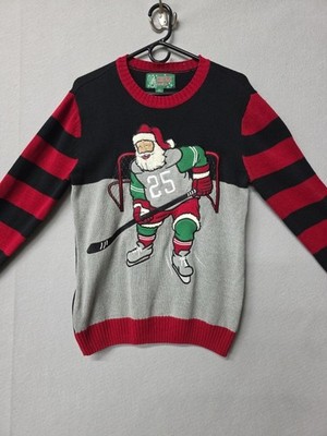 Ugly Christmas Sweater Santa Clause Playing Ice Hockey Knit Pullover Men s Sm.