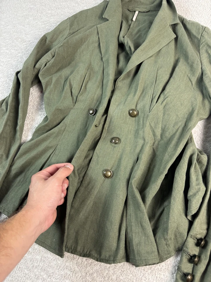 Blazer Free People Mujer Mediano Verde Oliva Lino Rayón Doble Pecho Chaqueta Foto 2 de 4