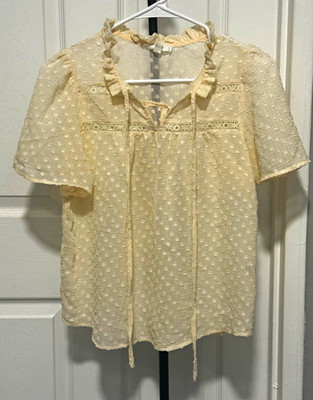 Beige Sheer Chiffon Polka Dot Ruffle Tie V-Neck Blouse Womens M Relaxed