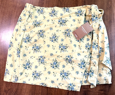 NWT Maison D' Amelie Yellow Floral Print Linen Skirt Sz XL Pull On Wrap Look