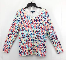 Karen Scott Shirt Women Size XL Multicolor Geometric Long Sleeve Round Neck Top