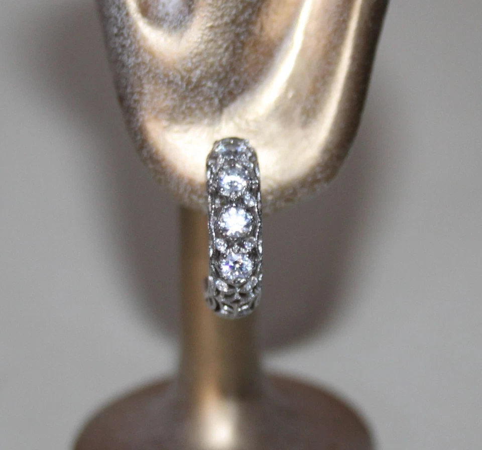 Glam TACORI Sterling 925 Silver CZ Hoop Earrings Ornate Fretwork - Image 2 of 4