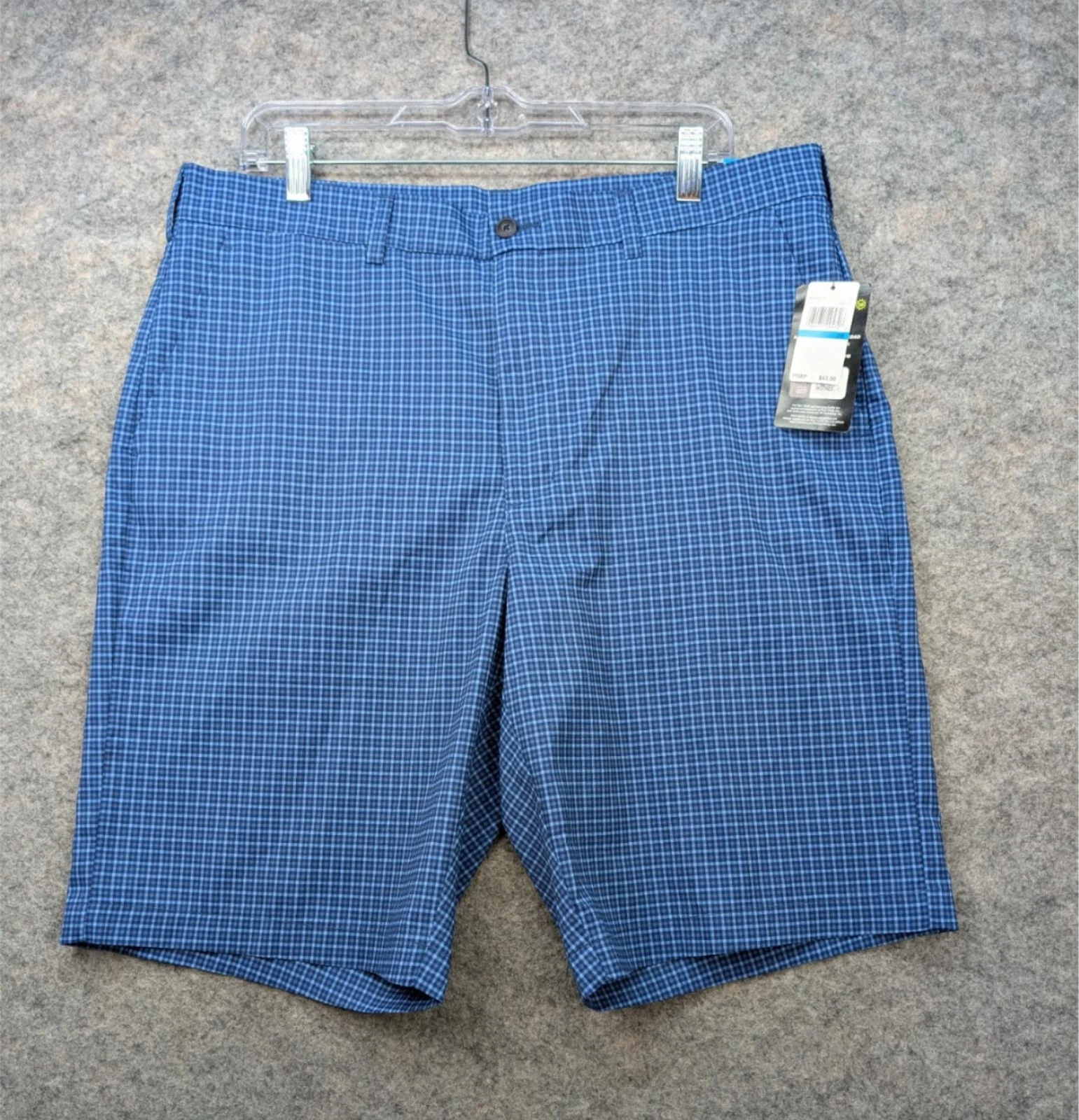 PGA Tour Shorts Mens 36 Blue Check Flat Front Stretch Pockets Chino Golf Preppy