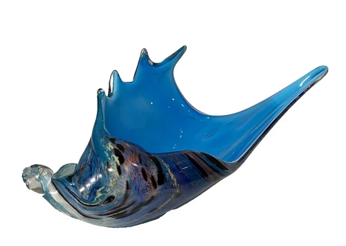 Vintage Murano? Art Glass Seashell Figurine Bowl Blue Hand Blown 10" x 5" x 5"