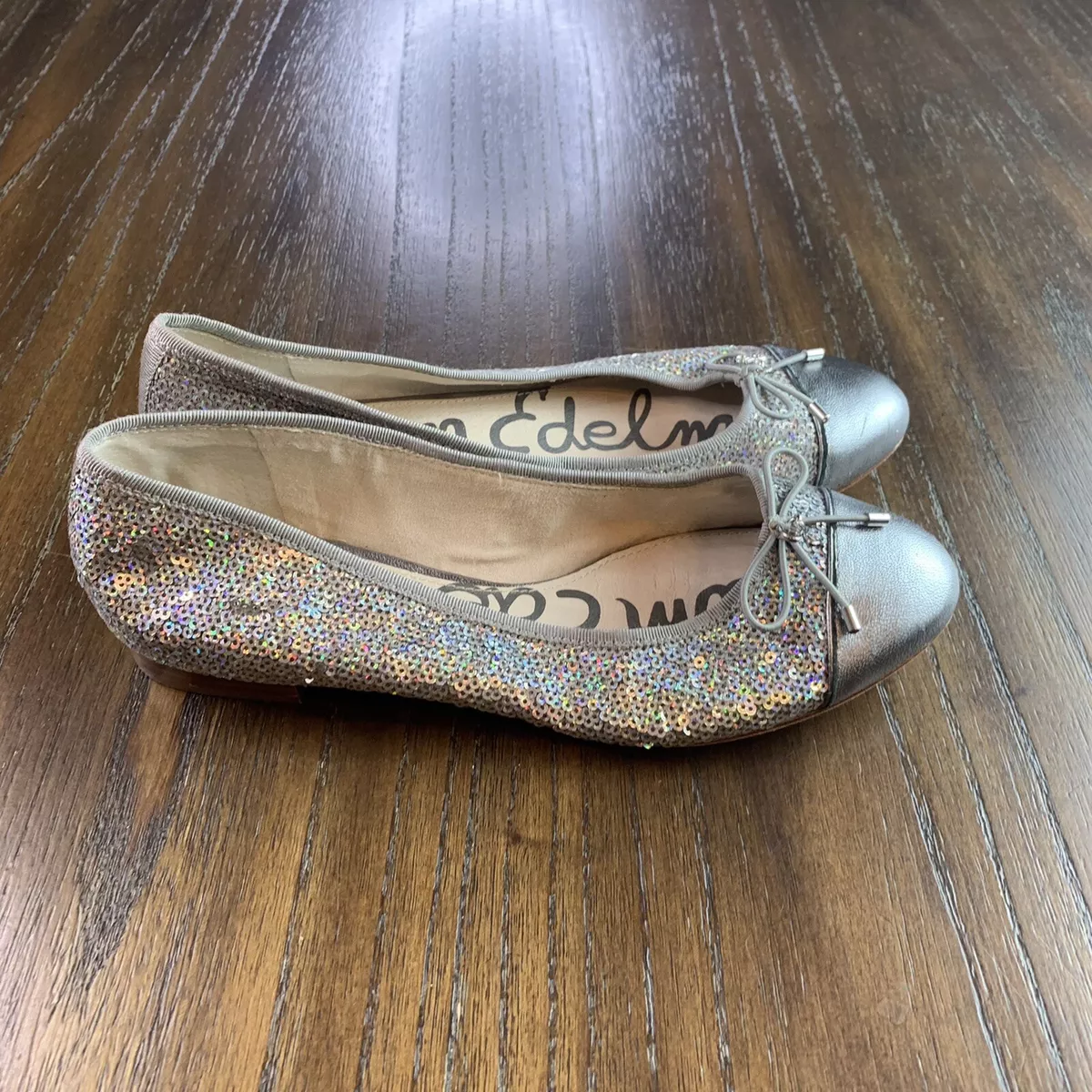 Sam Edelman 6.5 BEV Metallic Silver Sequined Bow Cap Toe Ballet Flats READ