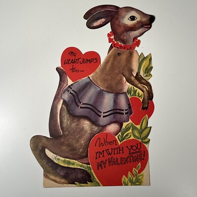 Vintage Valentines Day Card Moving Mechanical Head Kangaroo Paper Ephemera 9'' L