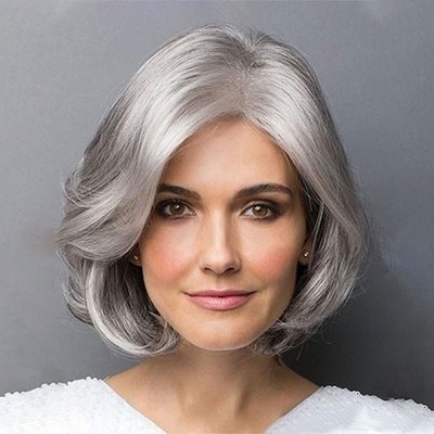 Women Synthetic Silver Wavy Short Bob Wig Smooth Natural Light Gray Hair Natural