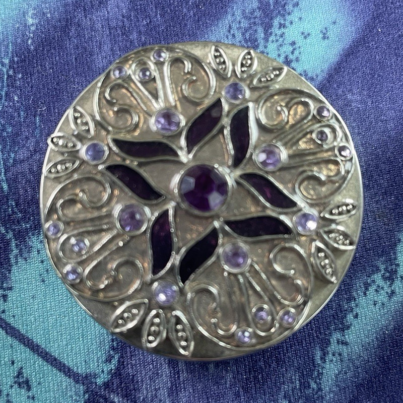 Vintage Pocket Size Silver-Tone Metal Filigree Round Pill Box Purple Rhinestones