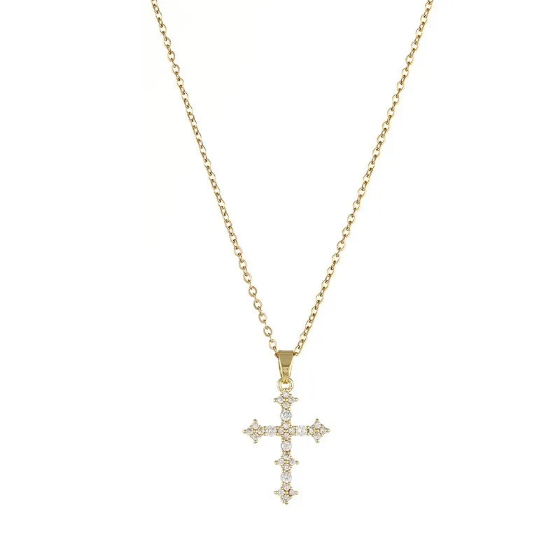 Retro Damen Halskette Kreuz Anhänger Strassstein Inlay auf Edelstahl Religion - Bild 1 von 4