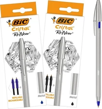 BIC Cristal Re'New, Premium Refillable Black, Blue/Silver, Blue 