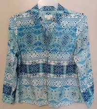 Charter Club Women Blue Geometrical Linen Button Down Longsleeve Shirt Size PL
