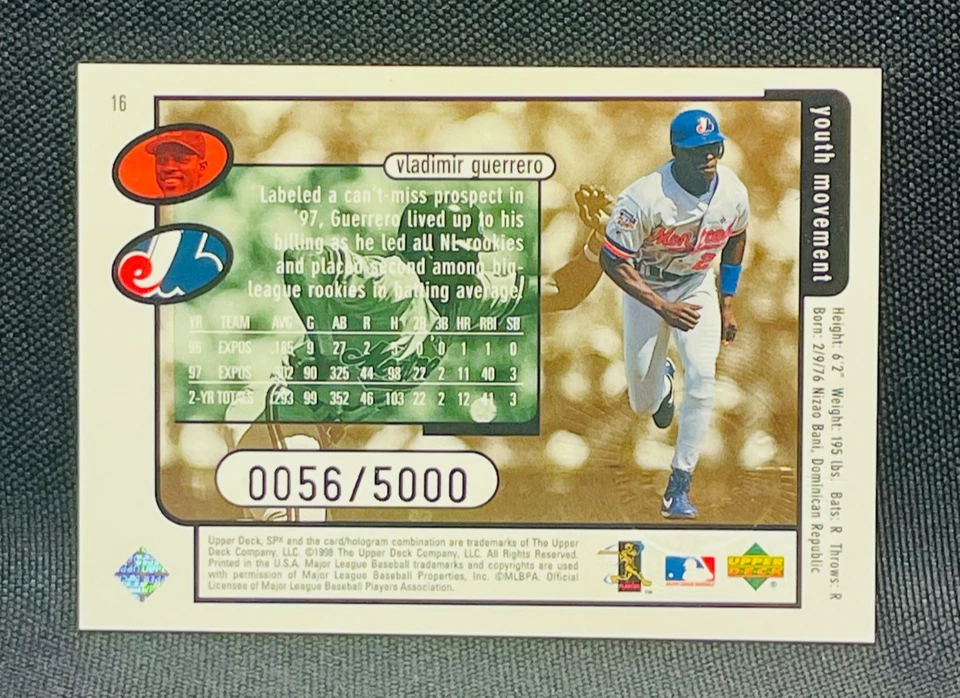 1998 Upper Deck SPx Finite Baseball - VLADIMIR GUERRERO #16 YOUTH MOVEMENT /5000 - Image 2 of 2