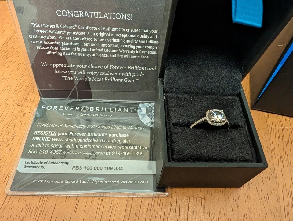 Moissanite Co. Anillo de compromiso pequeño halo brillante para siempre corte cojín Foto 3 de 4