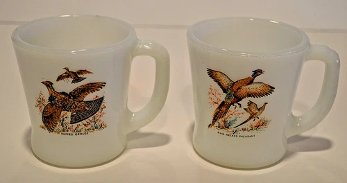 2 Vintage Fire King Game Birds Coffee Mugs with D Handle Pheasant/Grouse
