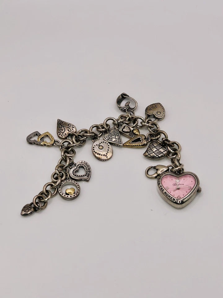 Silver Plated Brighton “Power Of Pink” Heart Charm Bracelet Watch~New🔋Free Ship - Image 3 of 4