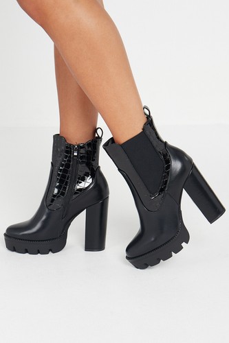 Ladies Women Chelsea Ankle Block High Heels Chunky Platform Boots Shoes Size 3-8 - 第 1/12 張圖片