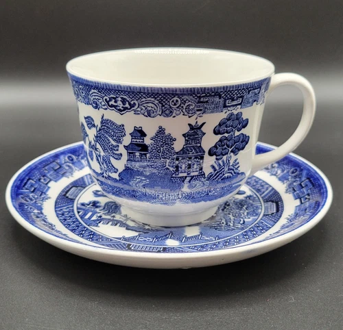 Johnson Bros England Blue Willow Tea Cup & Saucer Coffee China/Japan Scene