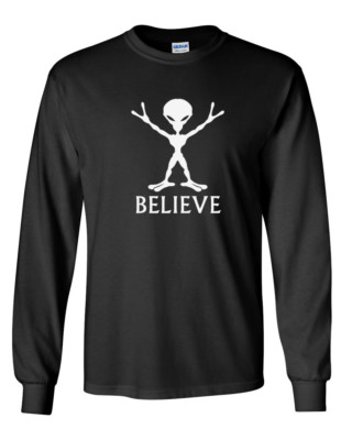 Long Sleeve Men Believe Shirt Alien UFO Tee Sci-Fi Space Galaxy Planets T-Shirt