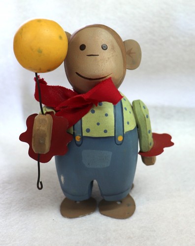 Wood & Metal Monkey wind up toy look Decoration Ornament 5"