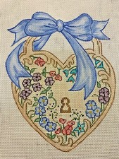 Hand Painted Needlepoint Canvas 18 Ct. FLORAL HEART W/ BIG BLUE BOW ON TOP