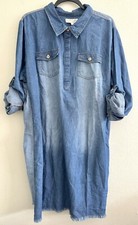 J Gee Woven Peasant Mini Dress Boho Collared Stone Wash Blue Solid Plus 3X NEW