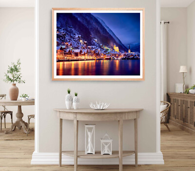 Mountain Print, Village Wall Art, Cloudy Sky Framed River Wall Art, Natural