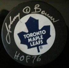 JOHNNY BOWER SIGNED INSCRIBED TORONTO MAPLE LEAFS HOCKEY PUCK w/ COA