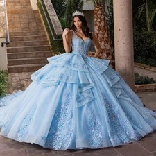 Blue Ball Gowns Quinceanera Dresses Cap Sleeves Lace Appliques Beaded Sweet 16