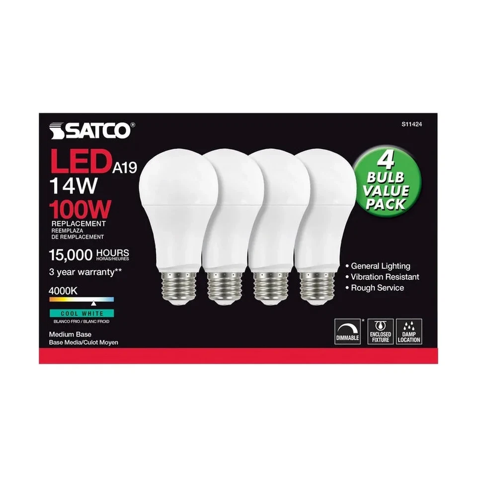 SATCO 14W A19 LED - 4000K - Dimmable - Medium base - 230 deg. Beam - 4PK - Image 3 of 4