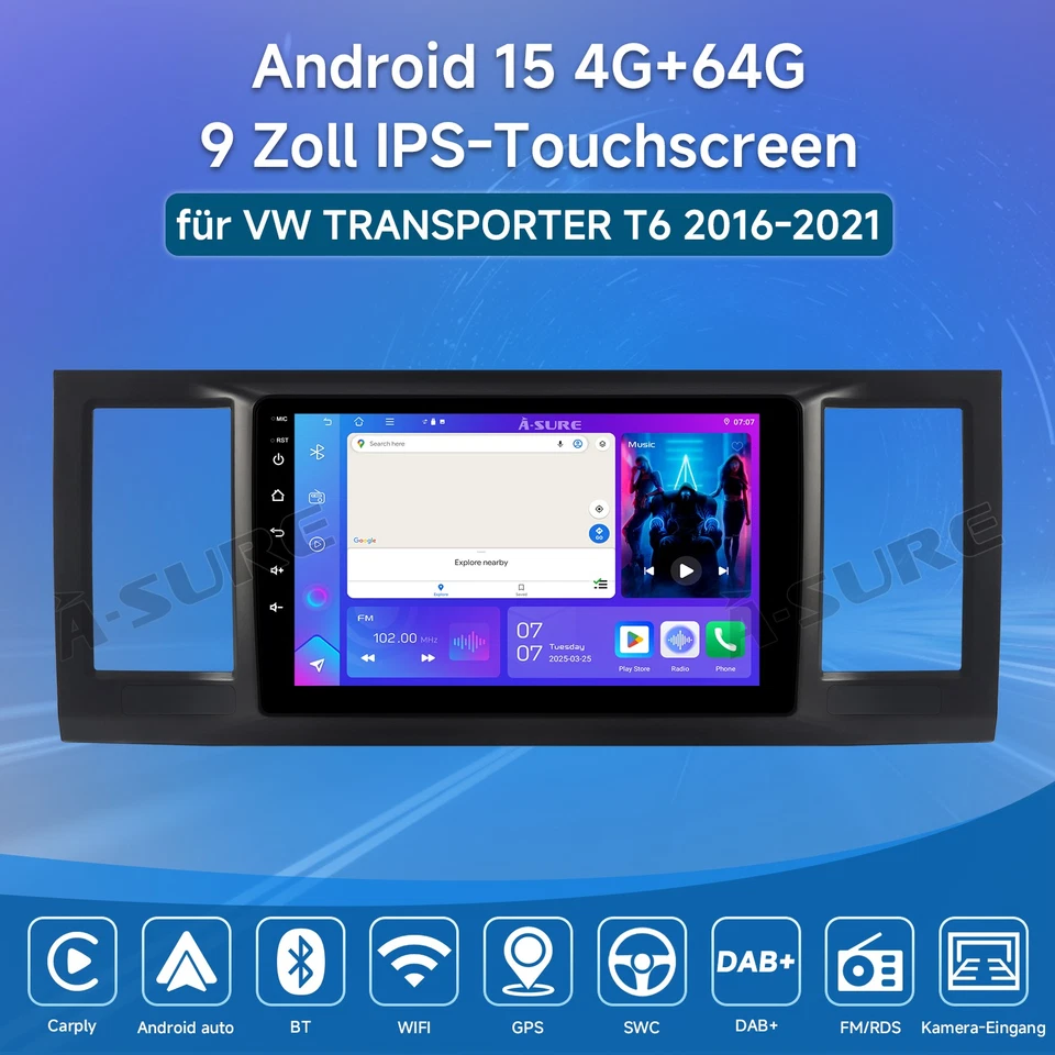 DAB+ 4+64GB Android 15 Autoradio Navi KAM Für VW T6 Transporter Multivan 2016-21 - Bild 2 von 4