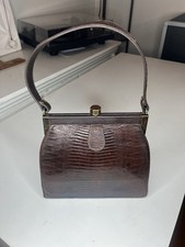 Vintage Brown 1950s Alligator Purse, Handbag W/ Brass Geometric Kiss Lock NICE