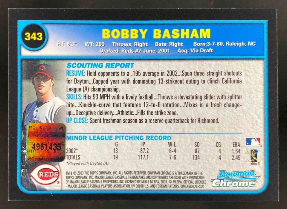 Bobby Basham 2003 Bowman Chrome Autograph RC Auto #343 Reds - Image 2 of 4